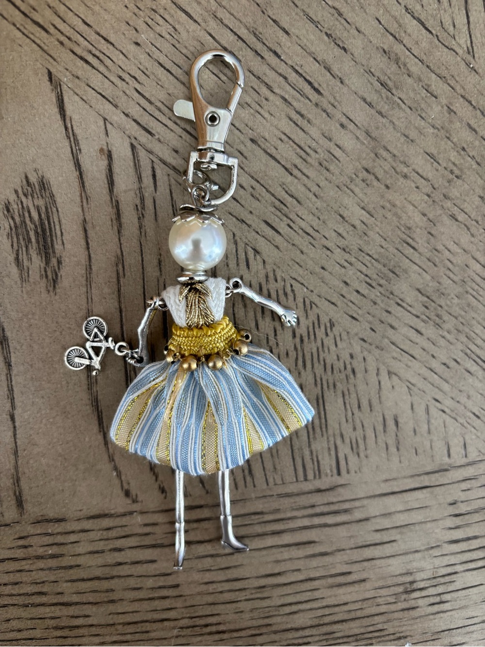 Pearl Doll Keychain Charm w/ Bicycle Charm Blue Gold Dress